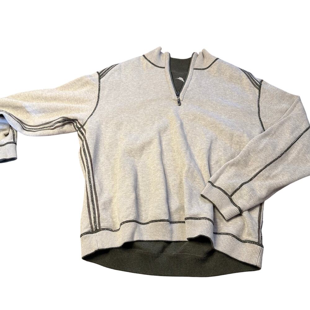 Tommy Bahama Sweater Mens XL? Gray Green Reversible Quarter Zip Knit Pullover